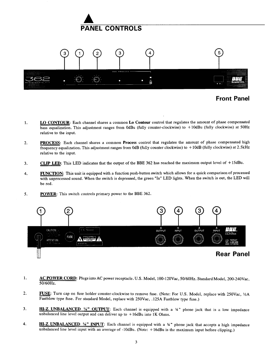 Panel controls, Front panel, Rear panel | O 0 0 0 | BBE 362 User Manual | Page 5 / 16