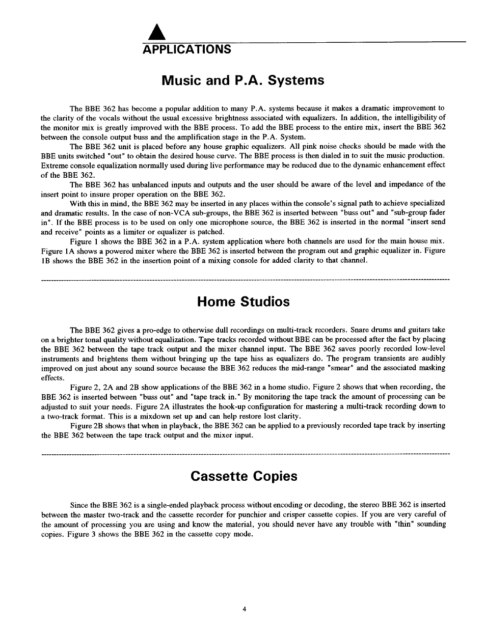 Music and p.a. systems, Home studios, Cassette copies | Applications | BBE 362 User Manual | Page 6 / 16