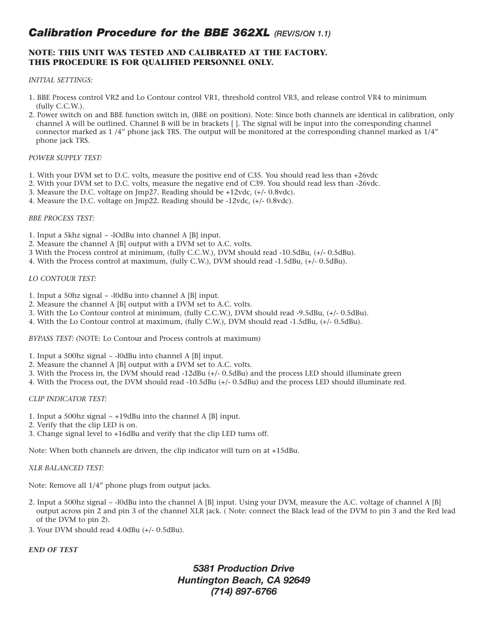 Calibration procedure for the bbe 362xl | BBE SONIC MAXIMIZER 362XL User Manual | Page 13 / 16