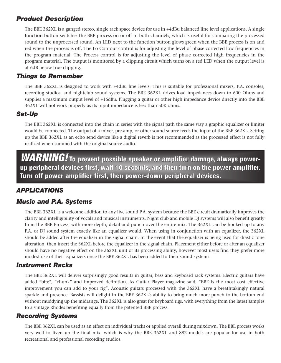 Wwa ar rn niin ng | BBE SONIC MAXIMIZER 362XL User Manual | Page 4 / 16