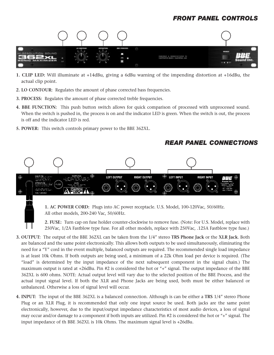 Rear panel connections, Front panel controls | BBE SONIC MAXIMIZER 362XL User Manual | Page 5 / 16