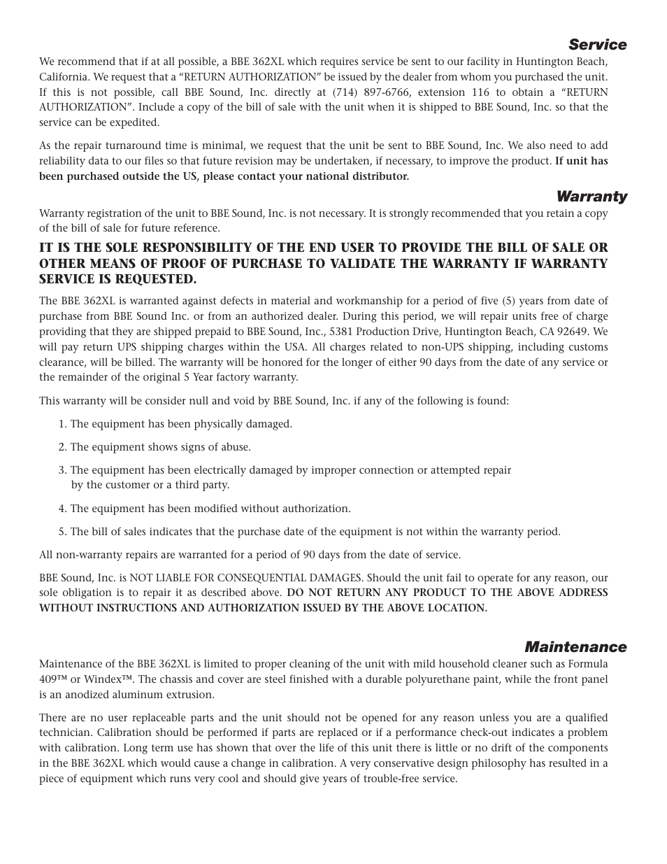 Service, Warranty, Maintenance | BBE SONIC MAXIMIZER 362XL User Manual | Page 7 / 16