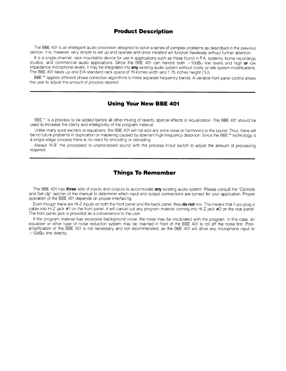 Product description, Using your new bbe 401, Things to remember | BBE Maxie 401 User Manual | Page 4 / 14