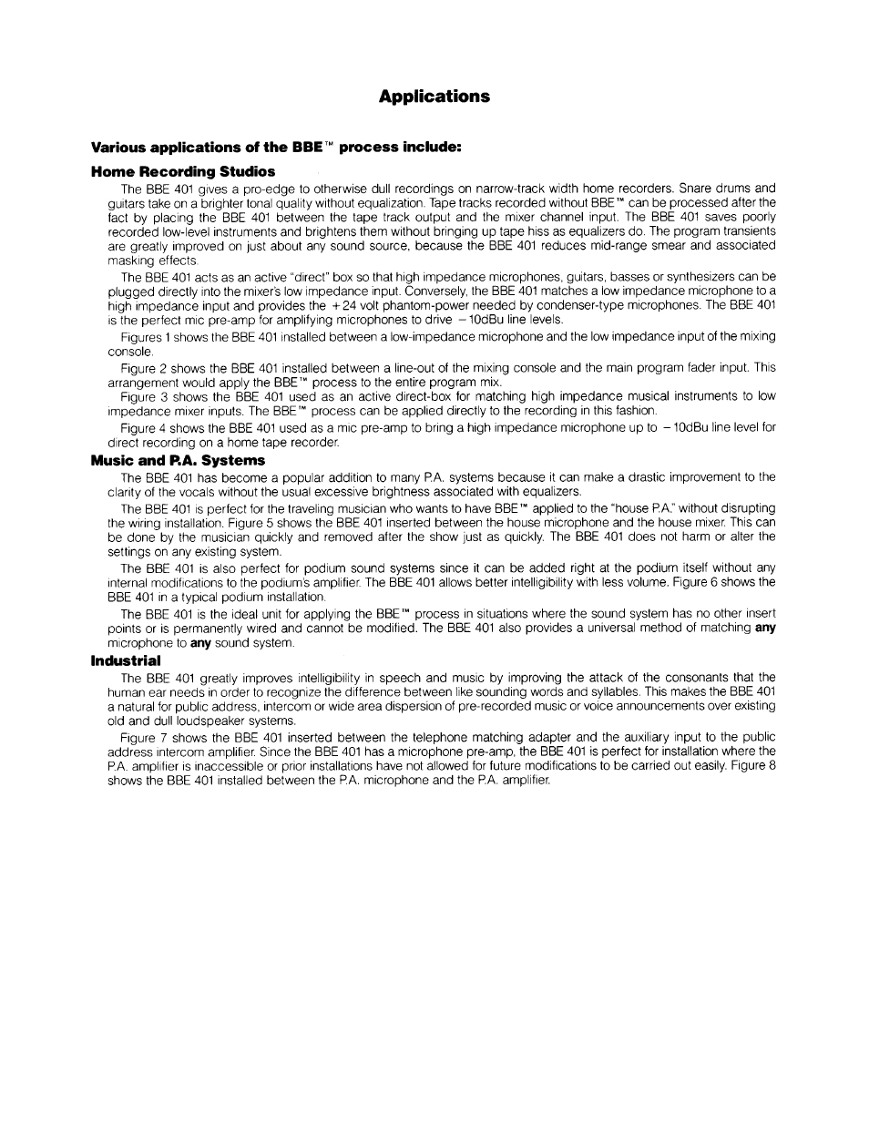 Various applications of the bbe'“ process include, Home recording studios, Music and p.a. systems | Industrial, Applications | BBE Maxie 401 User Manual | Page 5 / 14