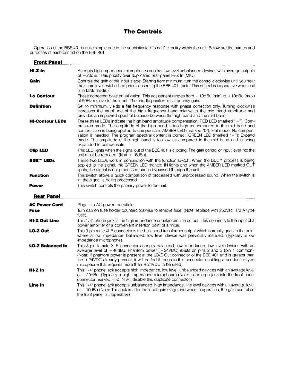 The controls, Front panel | BBE Maxie 401 User Manual | Page 6 / 14