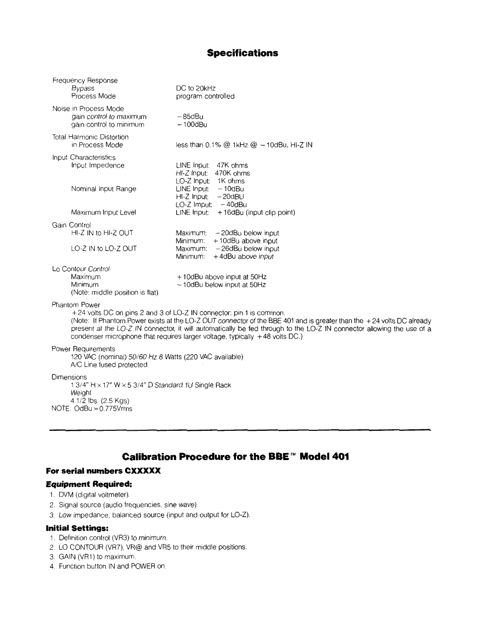 Calibration procedure for the bbe'*' model 401, For serial numbers cxxxxx, Equipment required | Initial settings, Specifications | BBE Maxie 401 User Manual | Page 7 / 14