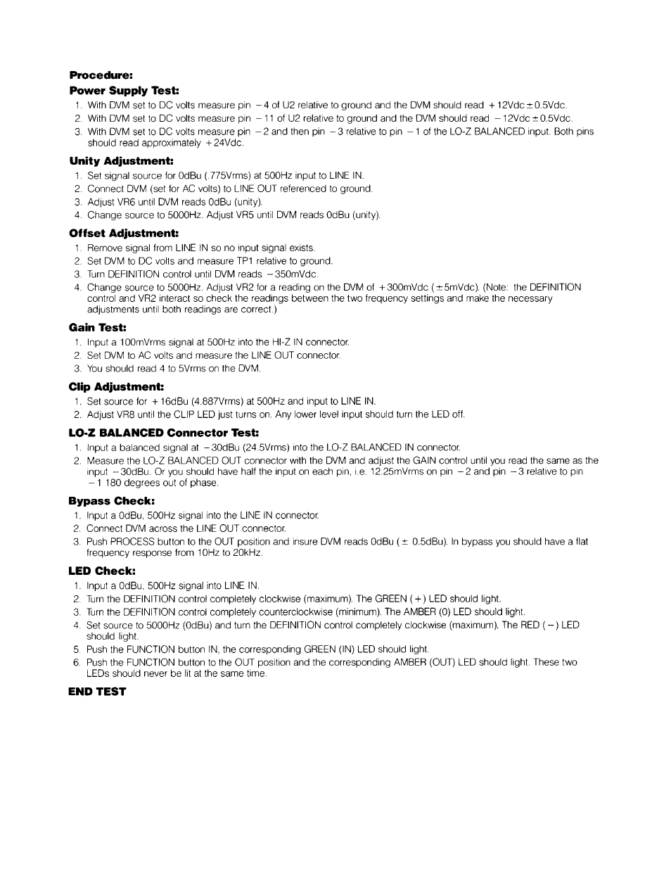 Procedure, Power supply test, Unity adjustment | Offset adjustment, Gain test, Clip adjustment, Lo-z balanced connector test, Bypass check, Led check, End test | BBE Maxie 401 User Manual | Page 8 / 14
