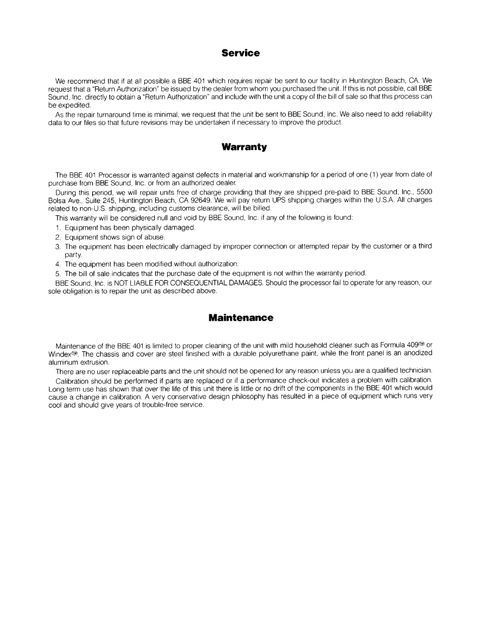 Service, Warranty, Maintenance | BBE Maxie 401 User Manual | Page 9 / 14