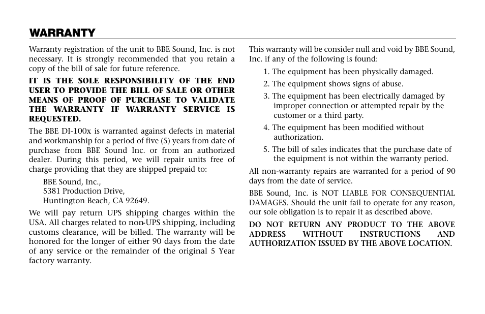 Warranty | BBE DI-100X User Manual | Page 10 / 12