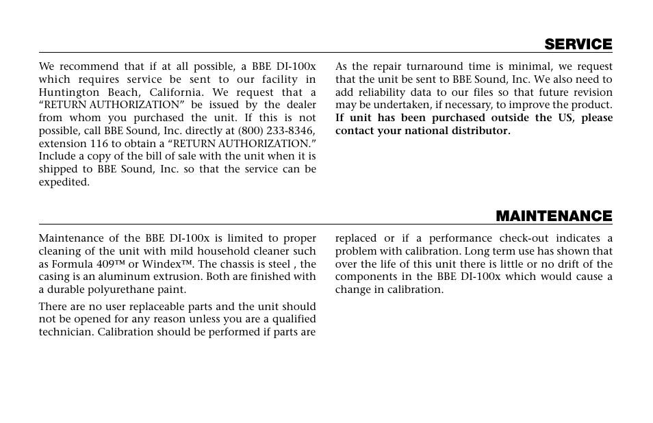 Service, Maintenance | BBE DI-100X User Manual | Page 9 / 12