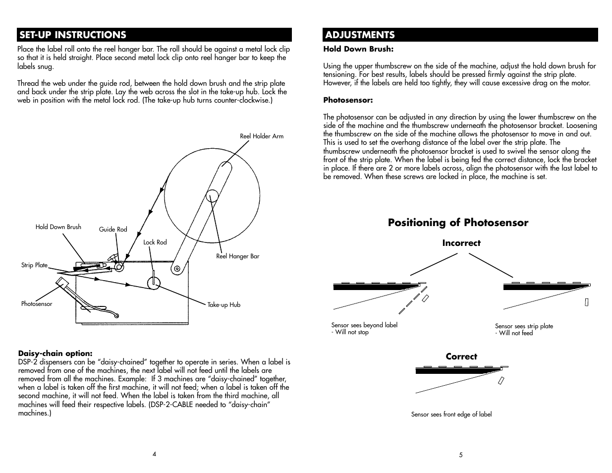 Positioning of photosensor, Adjustments set-up instructions | Brady DSP-2 User Manual | Page 3 / 4