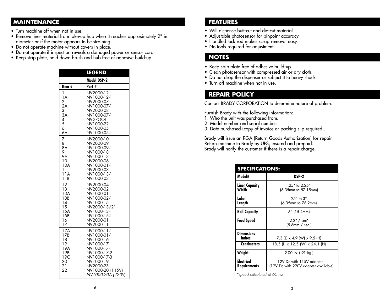 Maintenance | Brady DSP-2 User Manual | Page 4 / 4