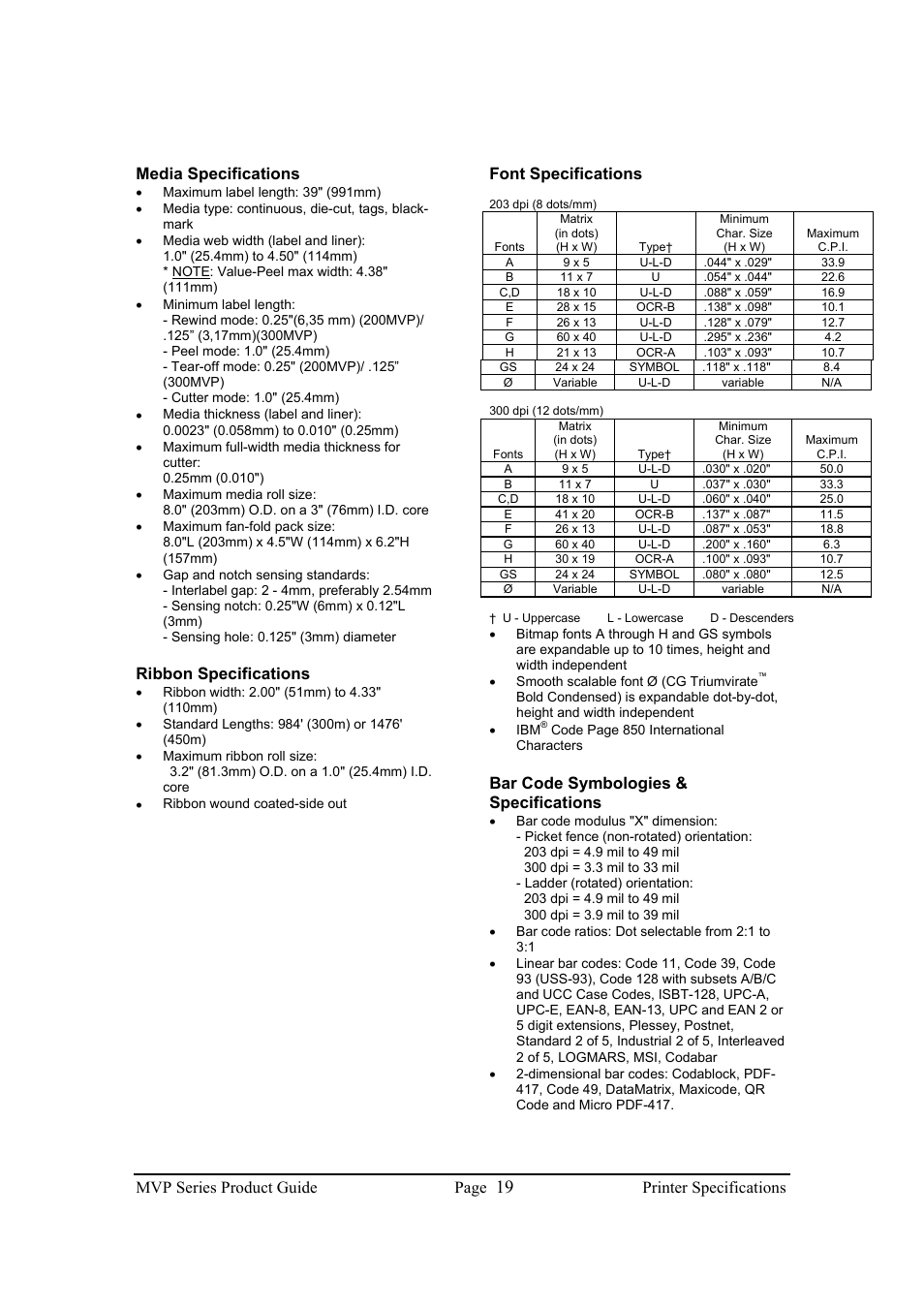 Mvp series product guide page, Printer specifications media specifications, Ribbon specifications | Font specifications, Bar code symbologies & specifications | Brady 200MVP User Manual | Page 21 / 31
