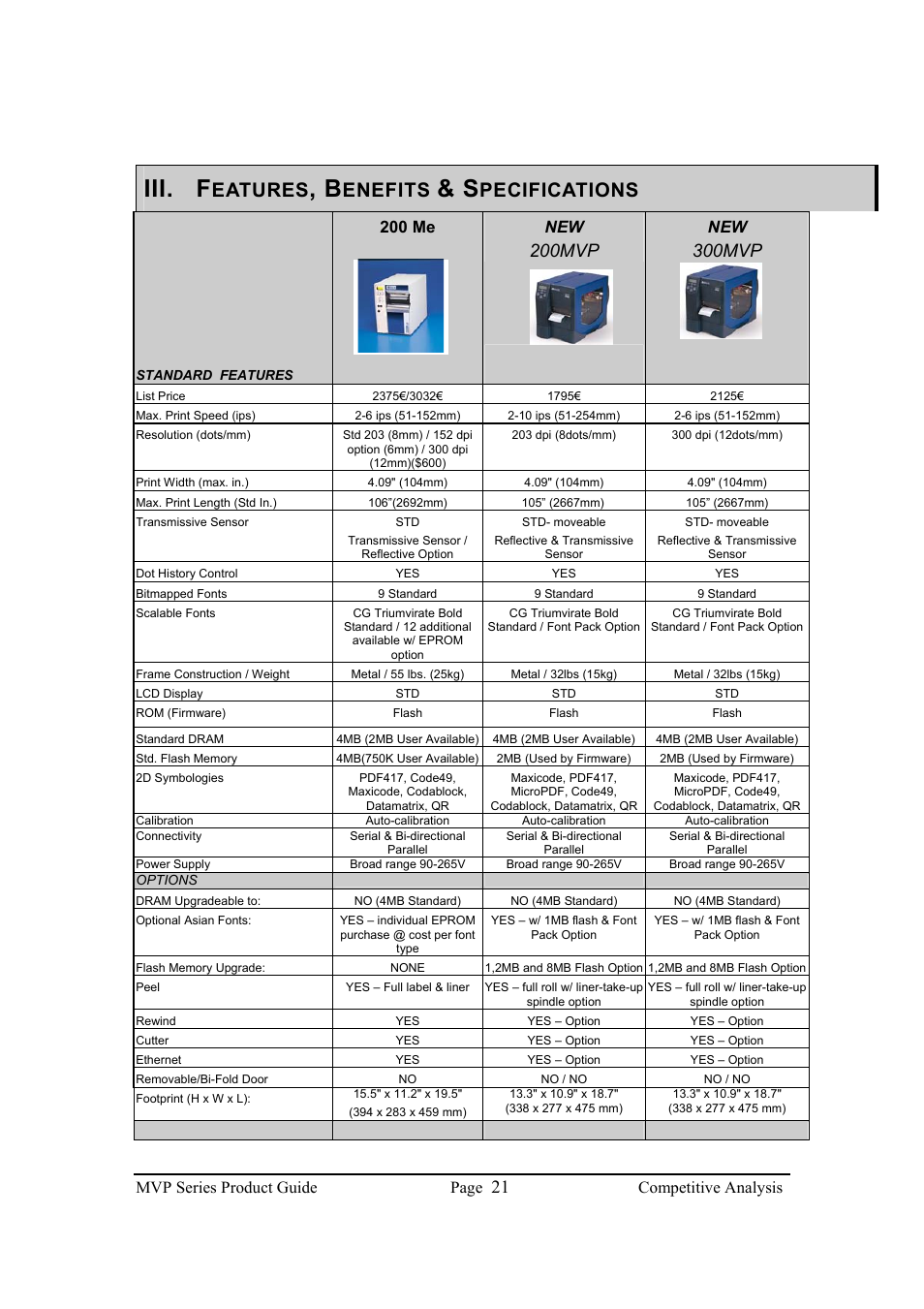 Iii. f, Eatures, Enefits | Pecifications, 200mvp, 300mvp, Mvp series product guide page, Competitive analysis, 200 me new | Brady 200MVP User Manual | Page 23 / 31