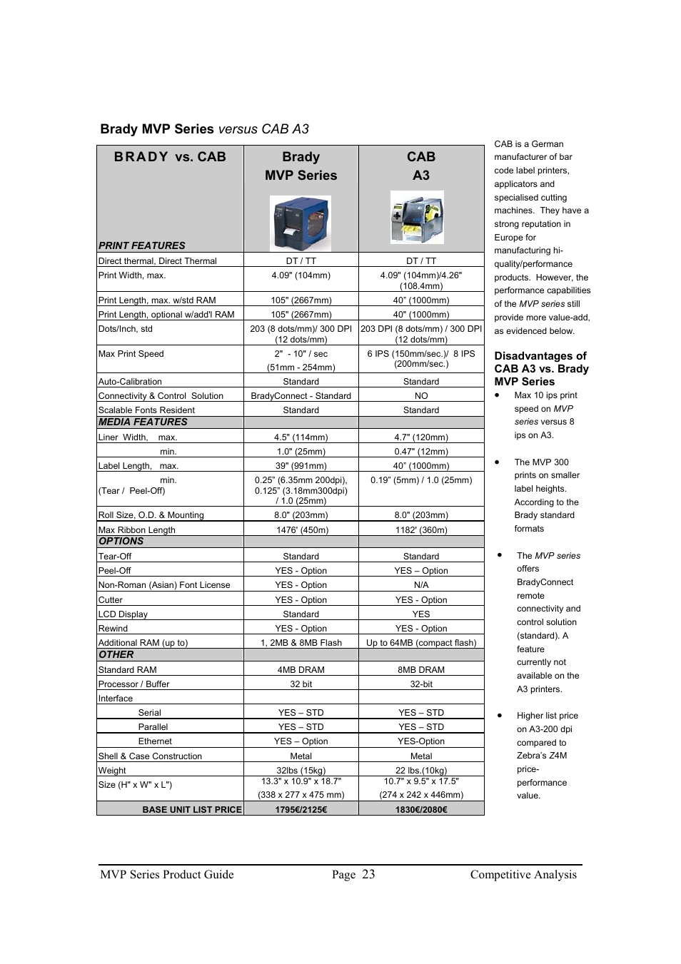 Brady mvp series versus cab a3, Brady mvp series cab a3, Mvp series product guide page | Competitive analysis | Brady 200MVP User Manual | Page 25 / 31