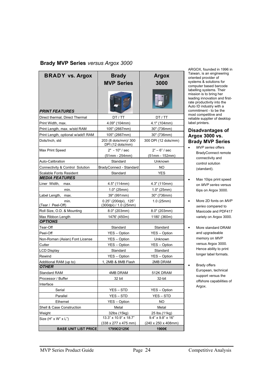 Brady mvp series, Versus argox 3000, Brady vs. argox | Brady mvp series argox 3000, Mvp series product guide page, Competitive analysis, Disadvantages of argox 3000 vs. brady mvp series | Brady 200MVP User Manual | Page 26 / 31