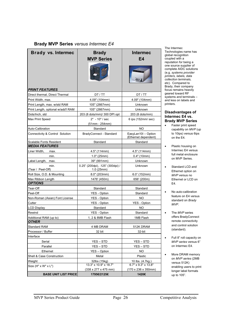 Brady mvp series, Versus intermec e4, Brady vs. intermec | Brady mvp series intermec e4, Mvp series product guide page, Competitive analysis | Brady 200MVP User Manual | Page 28 / 31