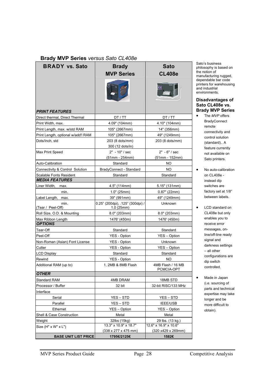 Brady mvp series versus sato cl408e, Brady vs. sato, Brady mvp series sato cl408e | Mvp series product guide page, Competitive analysis | Brady 200MVP User Manual | Page 30 / 31