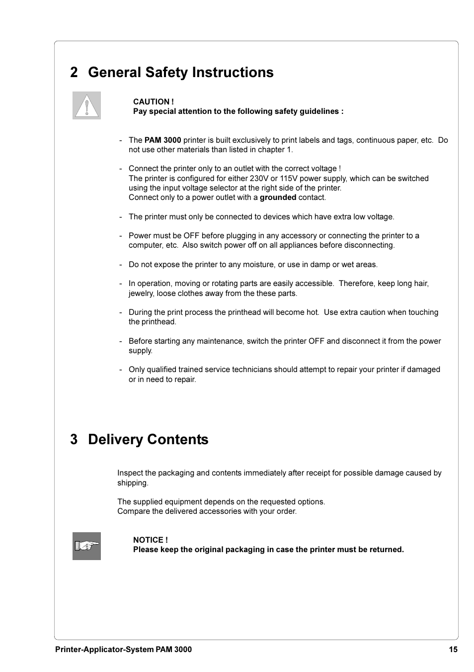 2 general safety instructions, 3 delivery contents | Brady PAM 3000 User Manual | Page 15 / 87