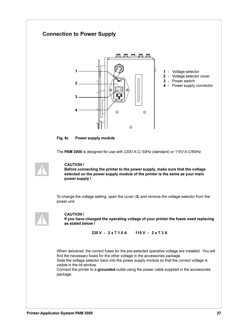 Connection to power supply | Brady PAM 3000 User Manual | Page 27 / 87