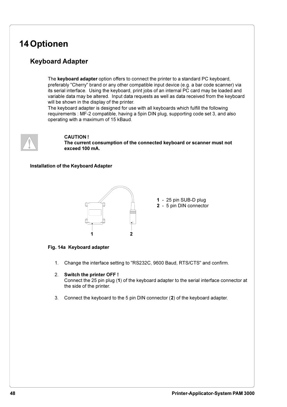 14 optionen, Keyboard adapter | Brady PAM 3000 User Manual | Page 48 / 87