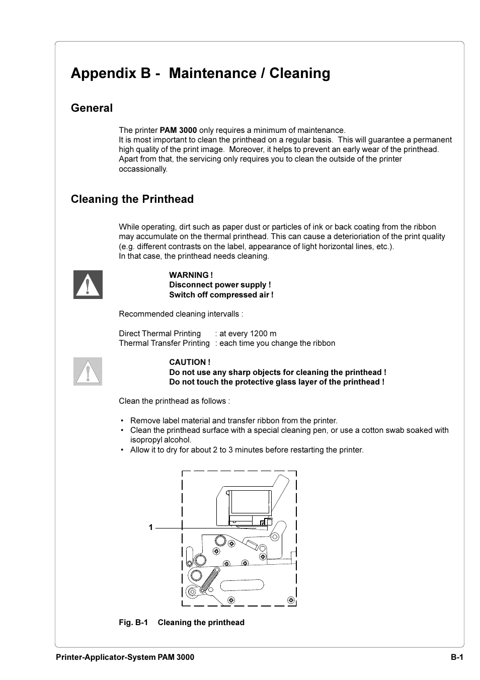 Appendix b - maintenance / cleaning, General, Cleaning the printhead | Brady PAM 3000 User Manual | Page 67 / 87