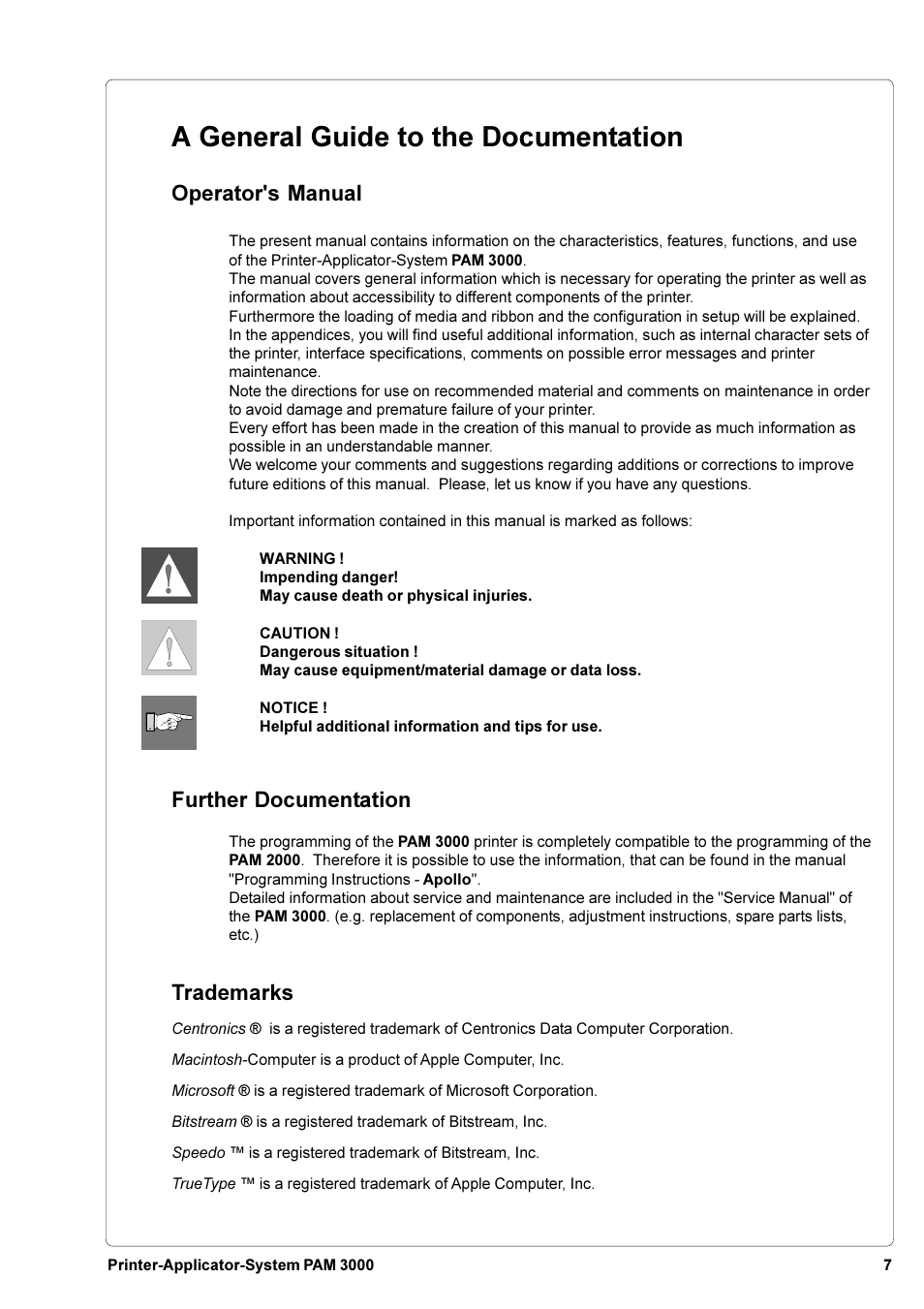 A general guide to the documentation, Operator's manual, Further documentation | Trademarks | Brady PAM 3000 User Manual | Page 7 / 87