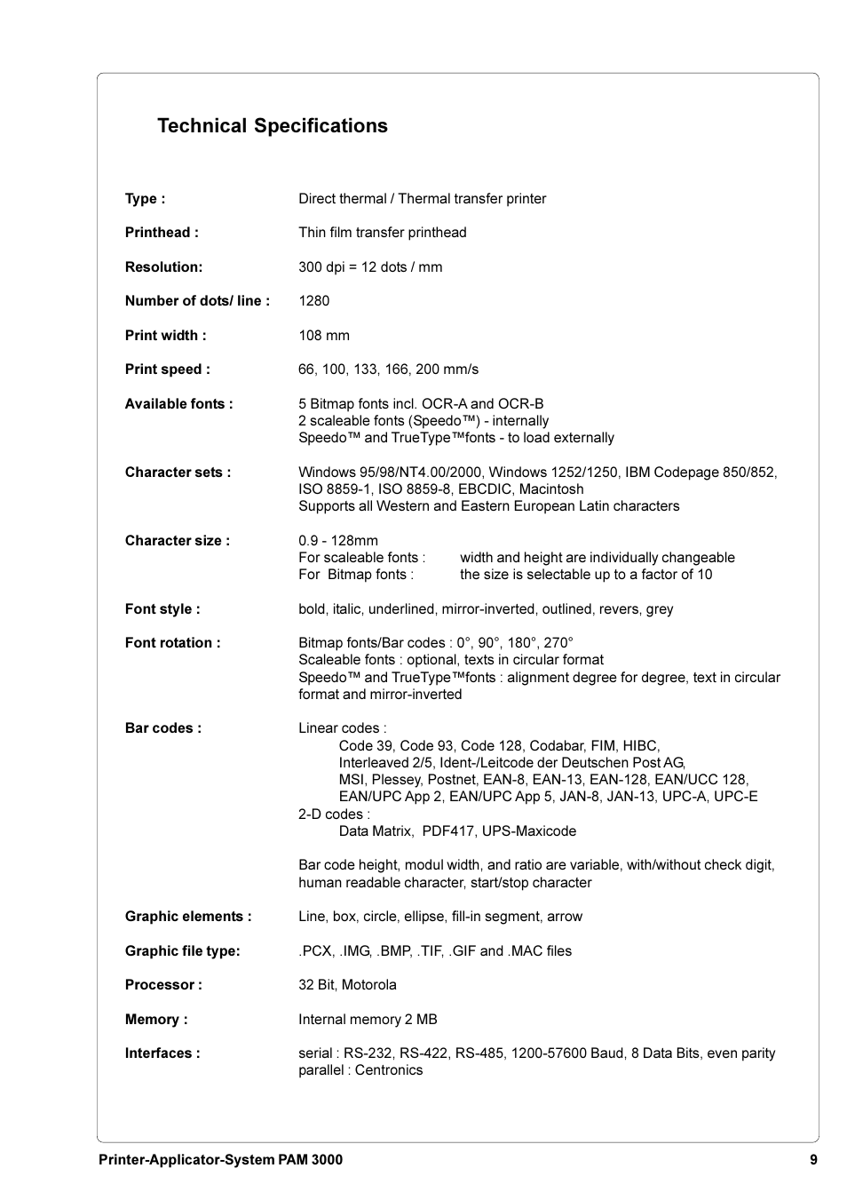 Technical specifications | Brady PAM 3000 User Manual | Page 9 / 87