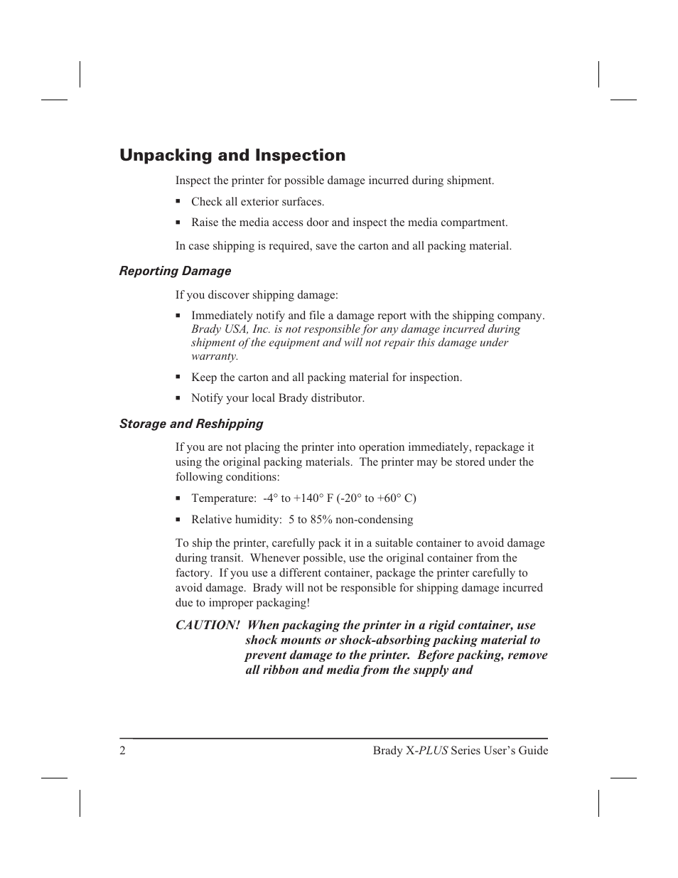 Unpacking and inspection 2, Reporting damage 2, Storage and reshipping 2 | Unpacking and inspection, Reporting damage storage and reshipping | Brady 300X-PLUS User Manual | Page 10 / 110