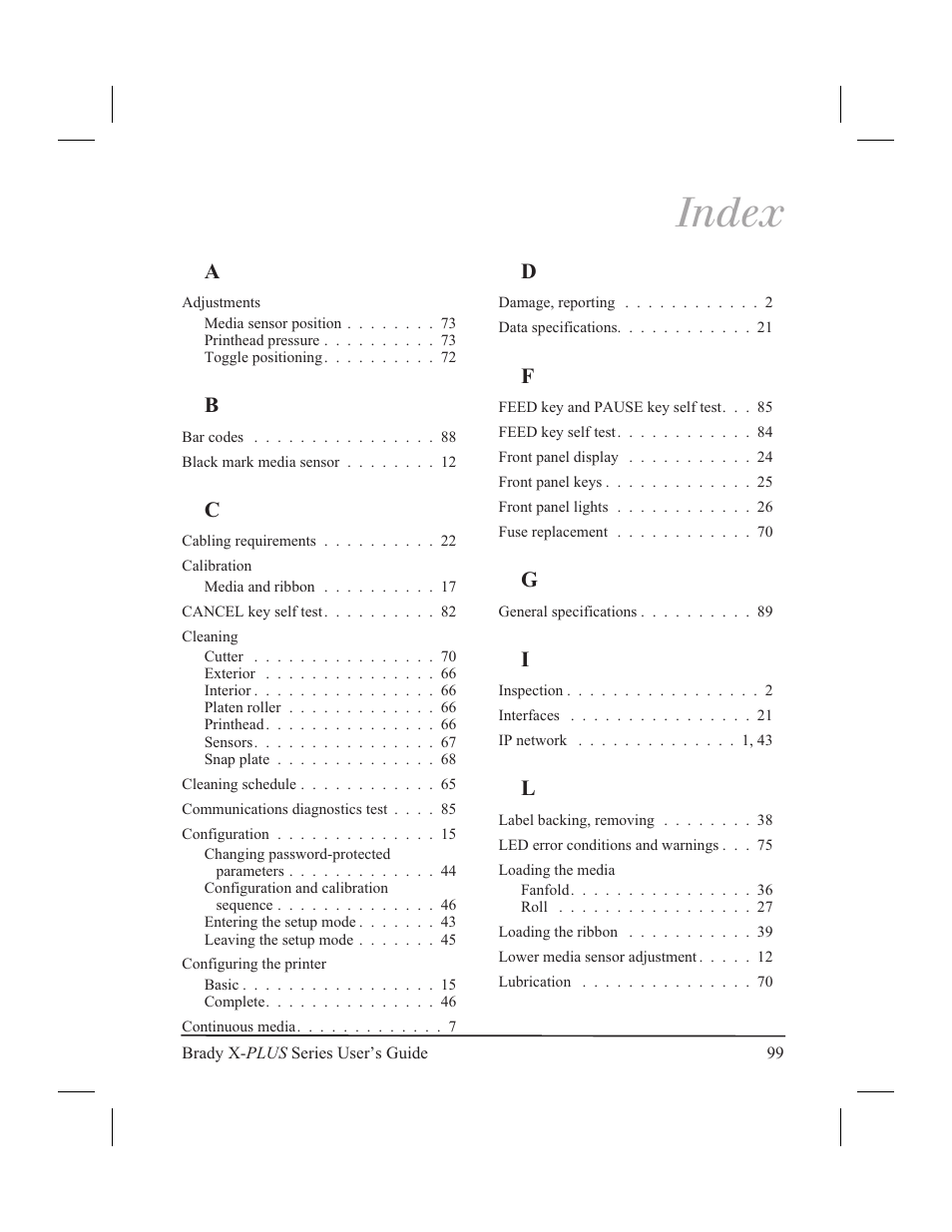 Index | Brady 300X-PLUS User Manual | Page 107 / 110