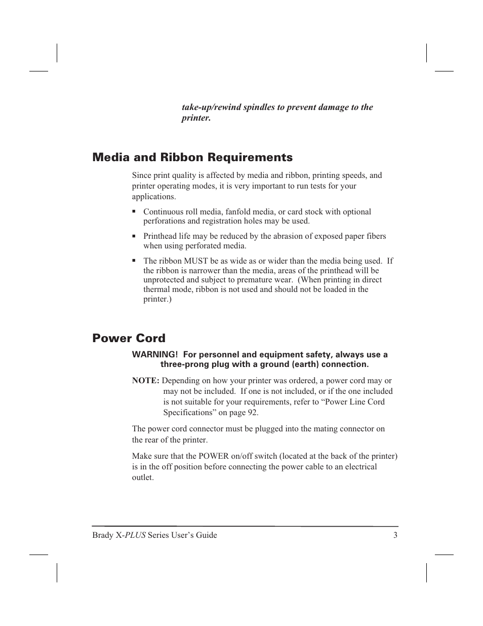 Media and ribbon requirements 3, Power cord 3, Media and ribbon requirements power cord | Media and ribbon requirements, Power cord | Brady 300X-PLUS User Manual | Page 11 / 110
