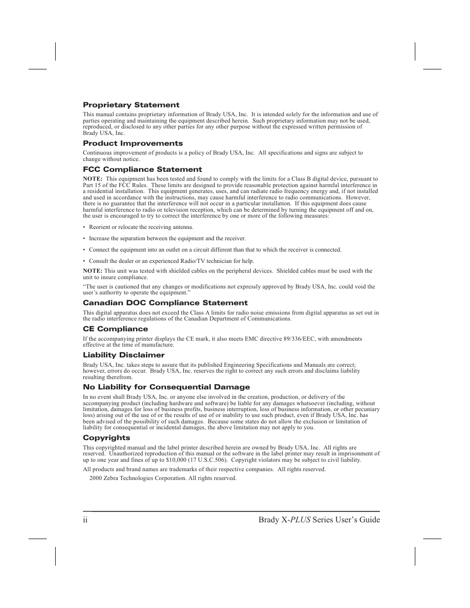 Ii brady x- plus series user’s guide | Brady 300X-PLUS User Manual | Page 2 / 110