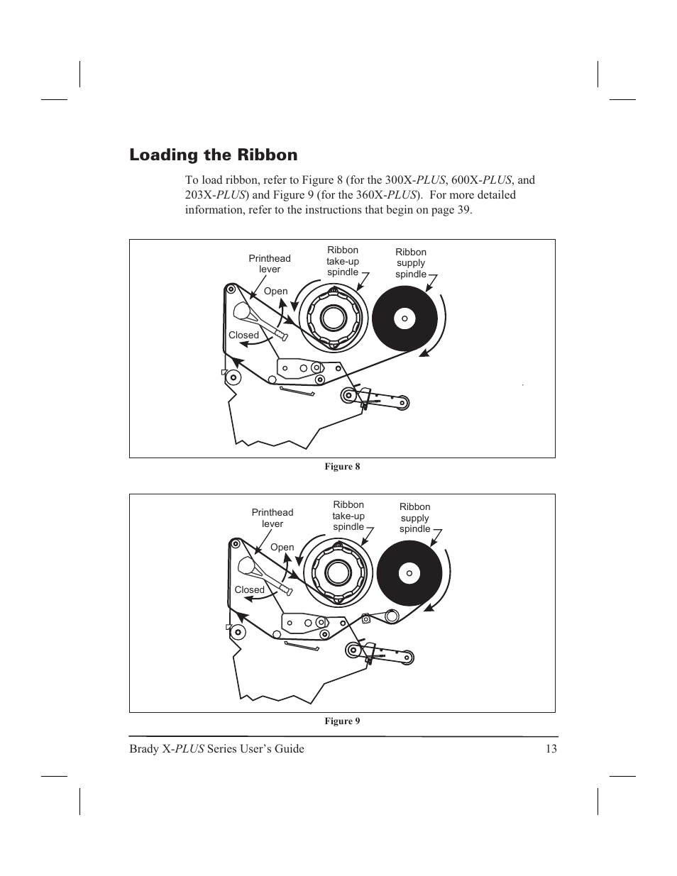 Loading the ribbon 13, Loading the ribbon | Brady 300X-PLUS User Manual | Page 21 / 110