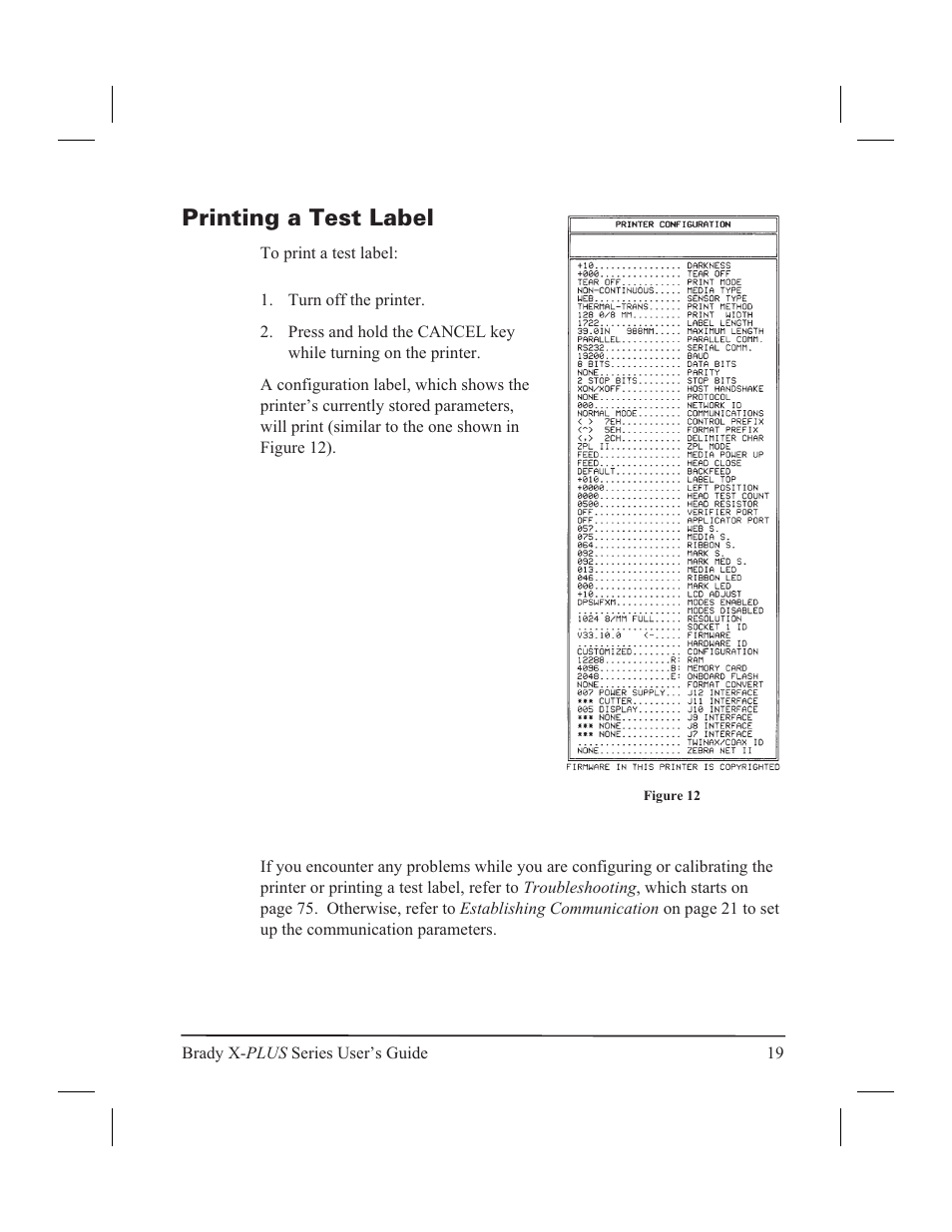 Printing a test label 19, Printing a test label | Brady 300X-PLUS User Manual | Page 27 / 110