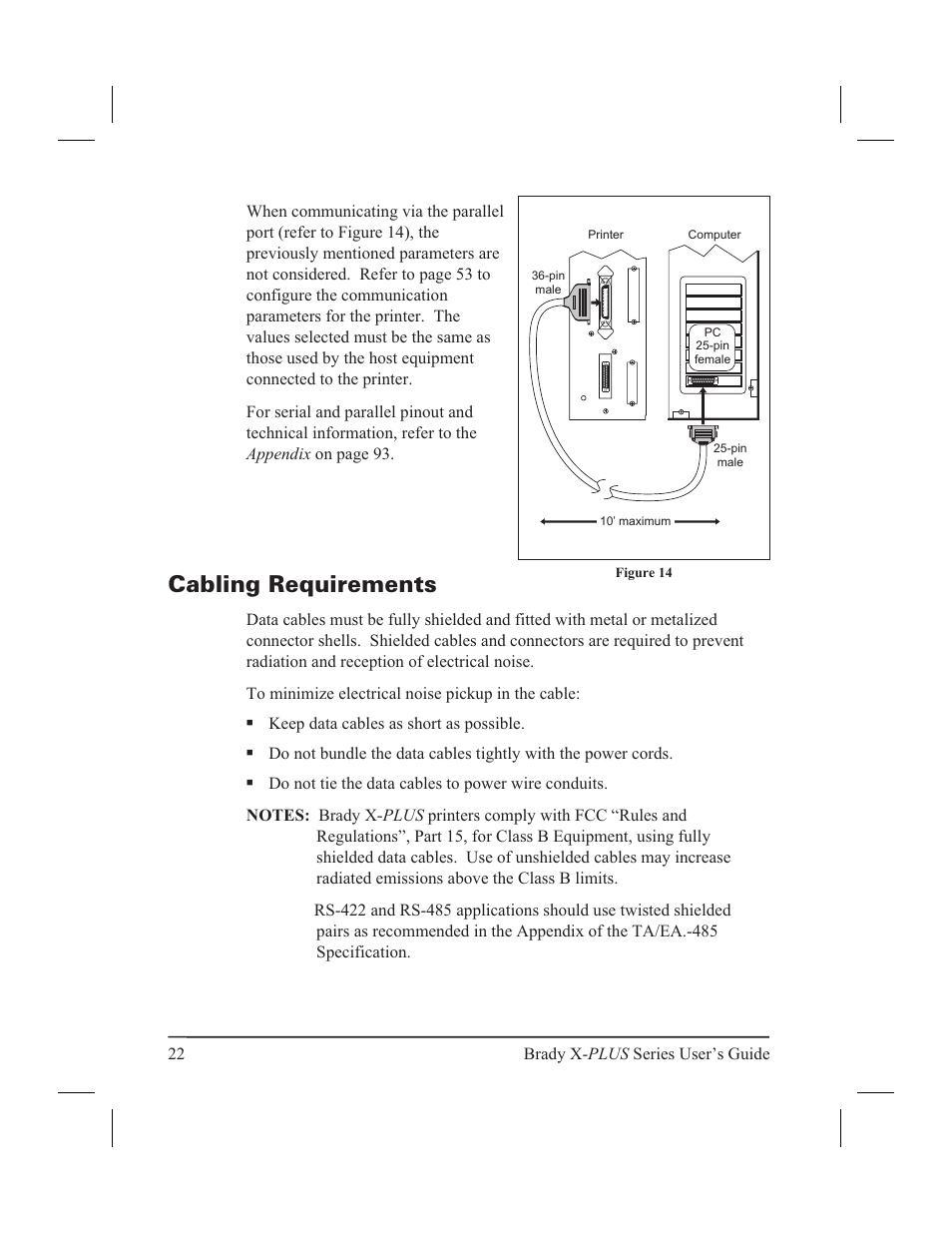 Cabling requirements 22, Cabling requirements | Brady 300X-PLUS User Manual | Page 30 / 110
