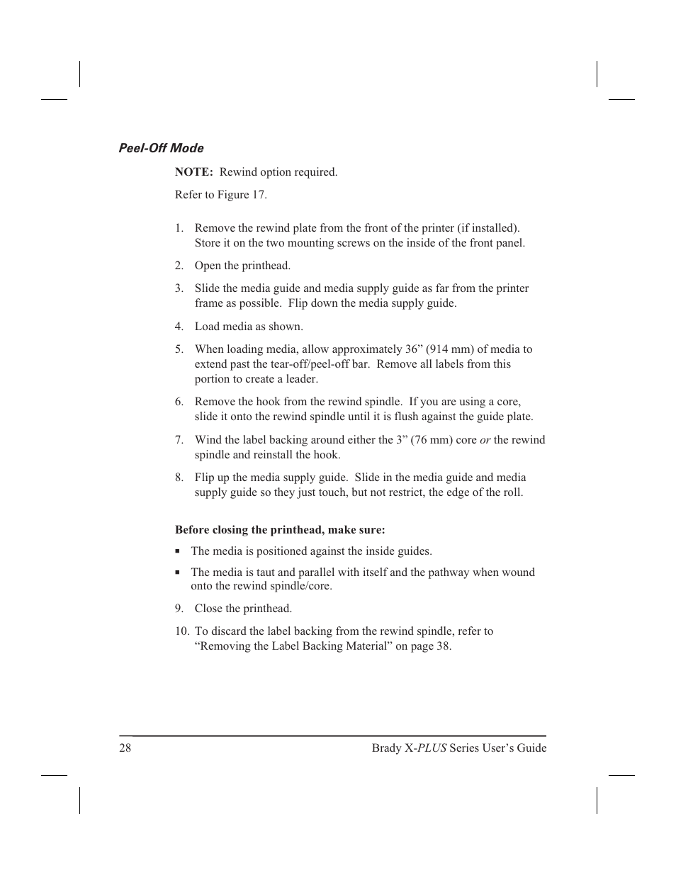 Peel-off mode 28, Peel-off mode | Brady 300X-PLUS User Manual | Page 36 / 110