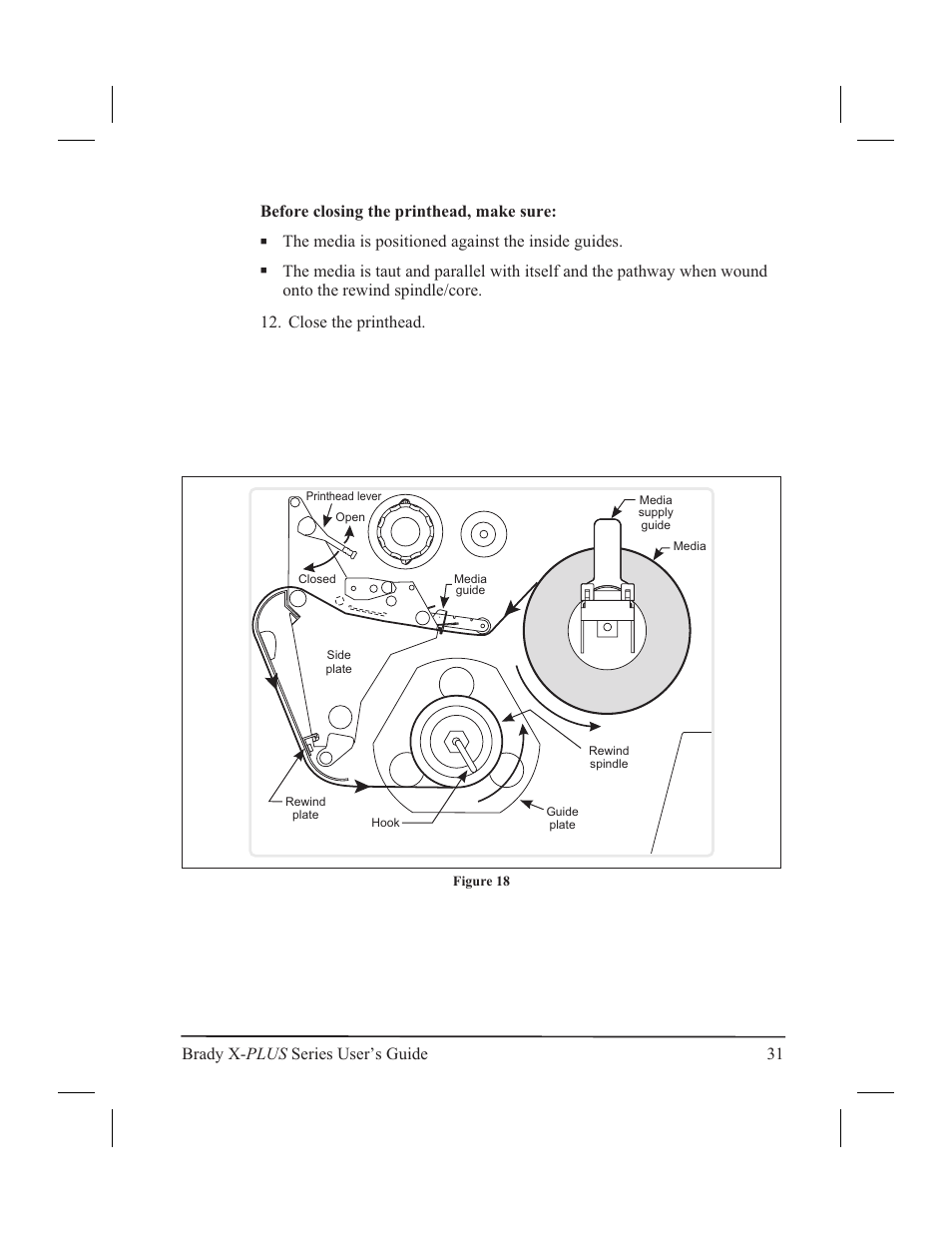 Before closing the printhead, make sure, The media is positioned against the inside guides | Brady 300X-PLUS User Manual | Page 39 / 110