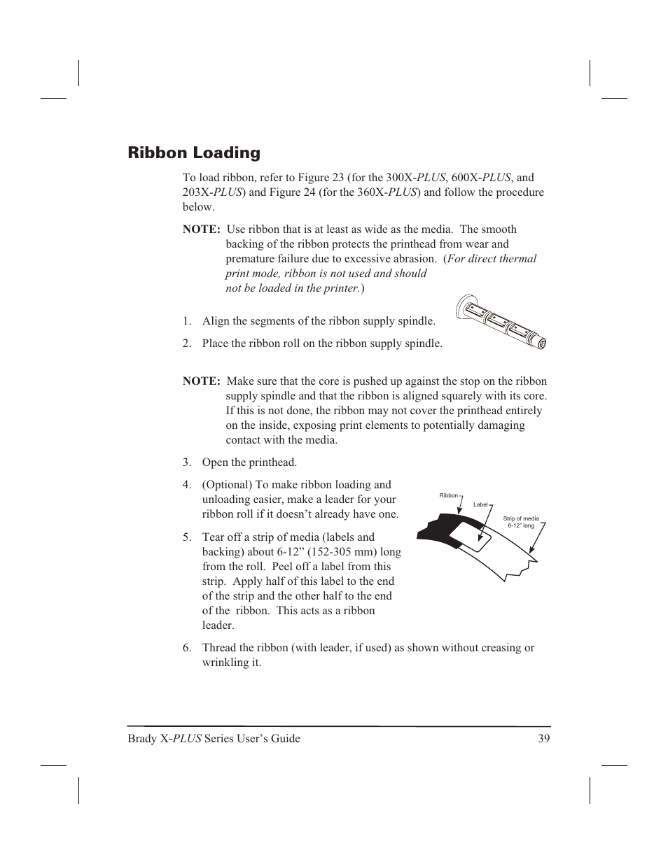 Ribbon loading 39, Ribbon loading | Brady 300X-PLUS User Manual | Page 47 / 110