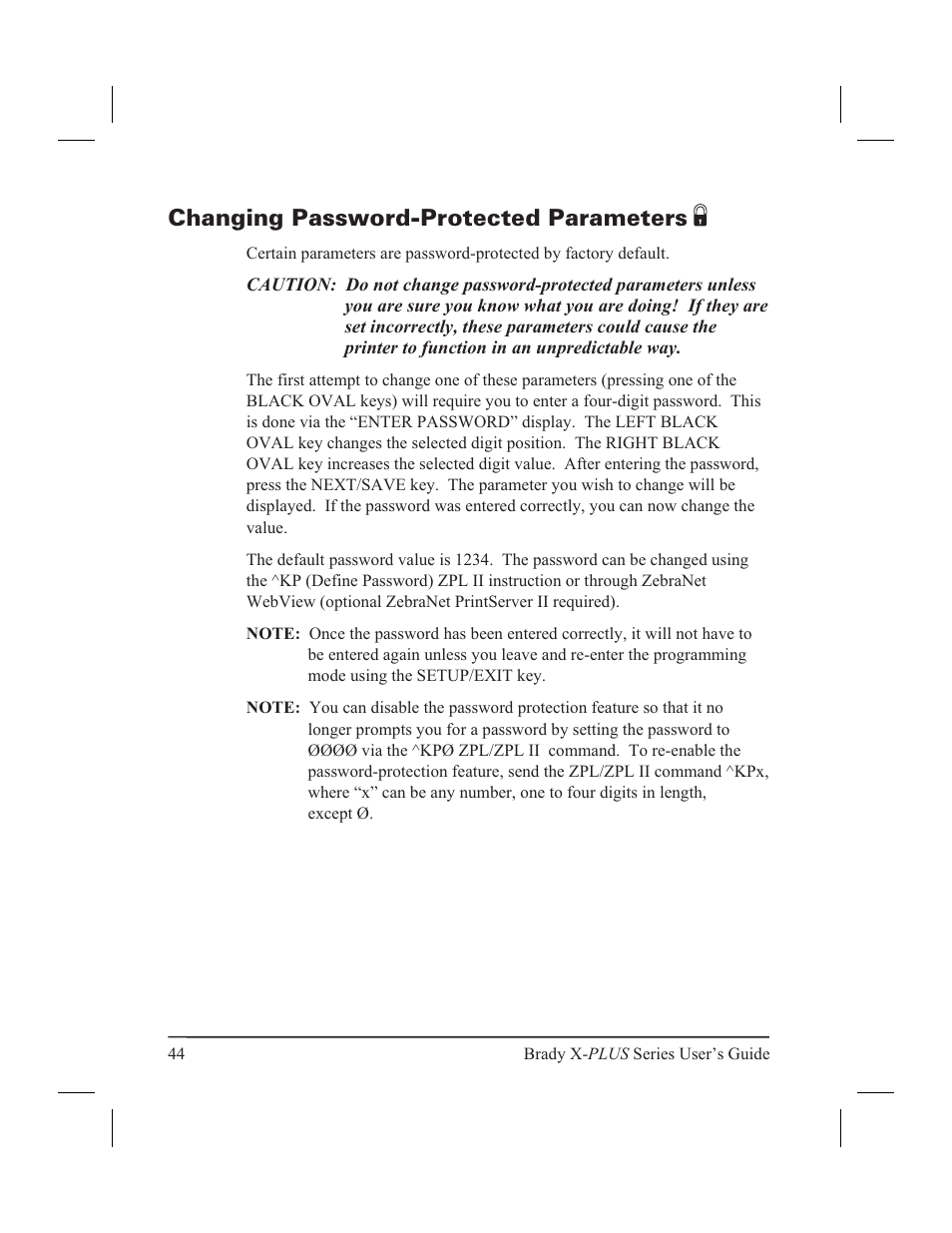 Changing password-protected parameters 44, Changing password-protected parameters | Brady 300X-PLUS User Manual | Page 52 / 110