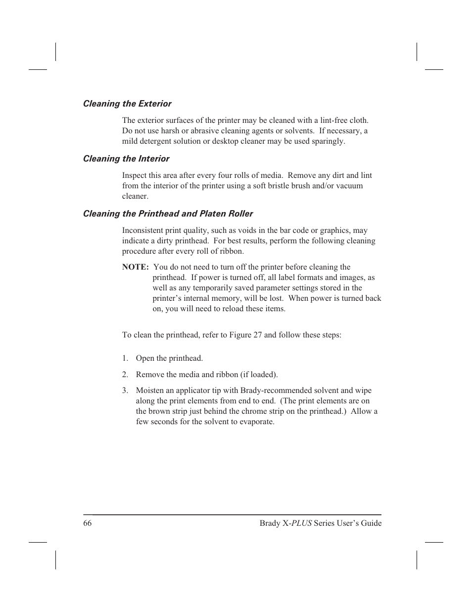 Cleaning the exterior 66, Cleaning the interior 66, Cleaning the printhead and platen roller 66 | Brady 300X-PLUS User Manual | Page 74 / 110