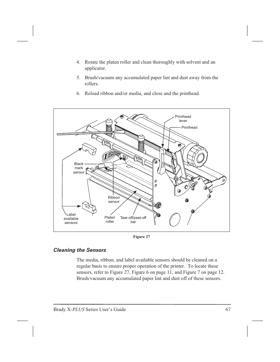 Cleaning the sensors 67, Cleaning the sensors | Brady 300X-PLUS User Manual | Page 75 / 110