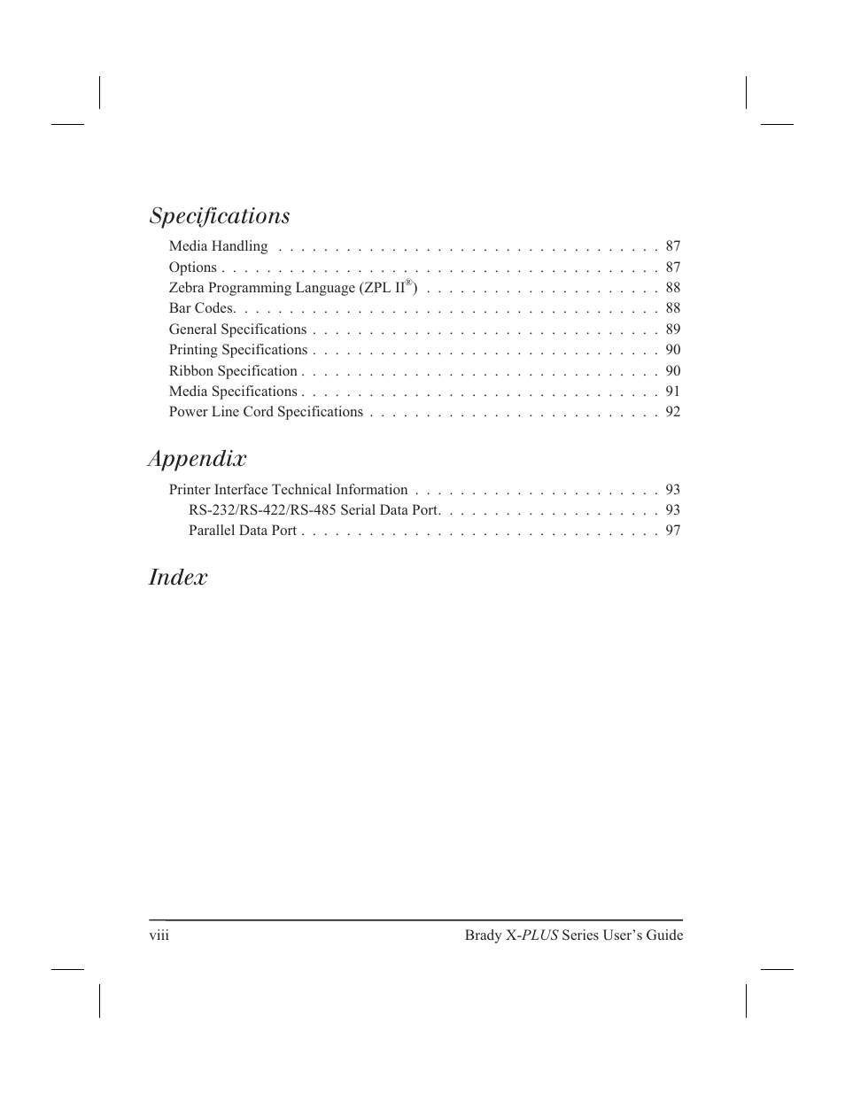 Specifications, Appendix, Index | Brady 300X-PLUS User Manual | Page 8 / 110