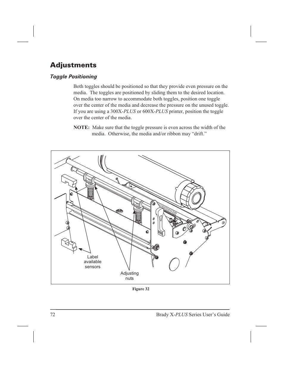Adjustments 72, Toggle positioning 72, Adjustments | Toggle positioning | Brady 300X-PLUS User Manual | Page 80 / 110