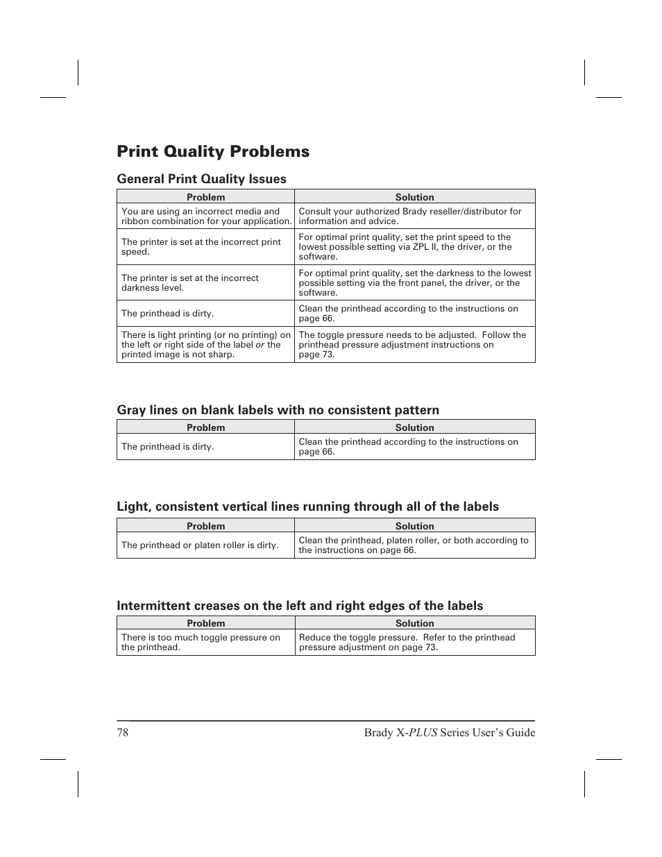 Print quality problems 78, Print quality problems | Brady 300X-PLUS User Manual | Page 86 / 110