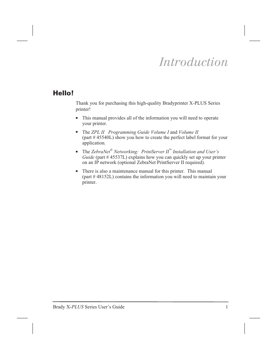 Introduction, Hello! 1, Hello | Brady 300X-PLUS User Manual | Page 9 / 110