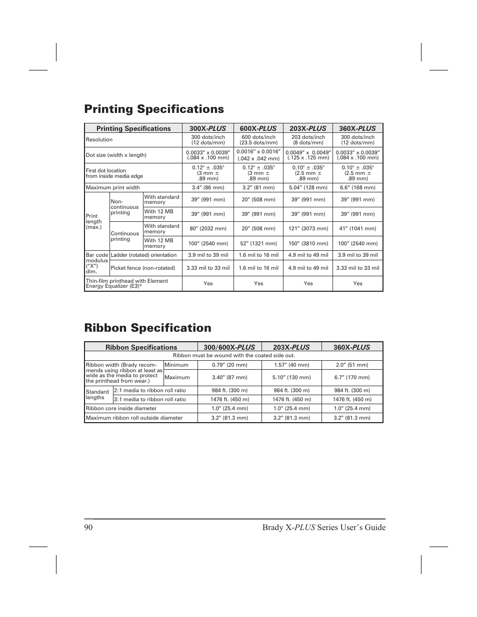 Printing specifications 90, Ribbon specification 90, Printing specifications ribbon specification | Printing specifications, Ribbon specification, 90 brady x- plus series user’s guide | Brady 300X-PLUS User Manual | Page 98 / 110