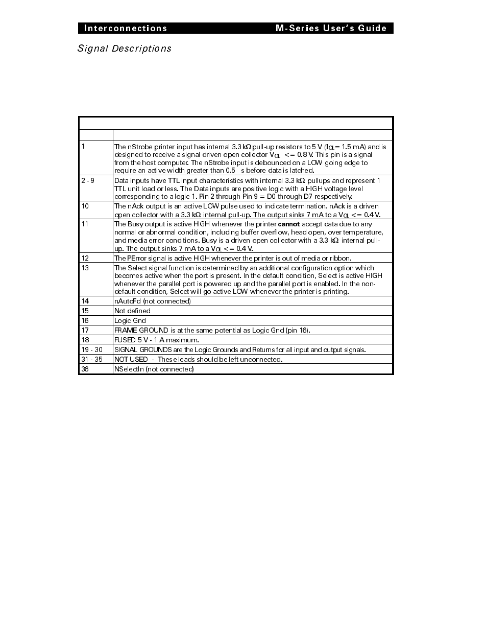 Signal descriptions, Interconnections m-series user s guide | Brady 200M User Manual | Page 57 / 104