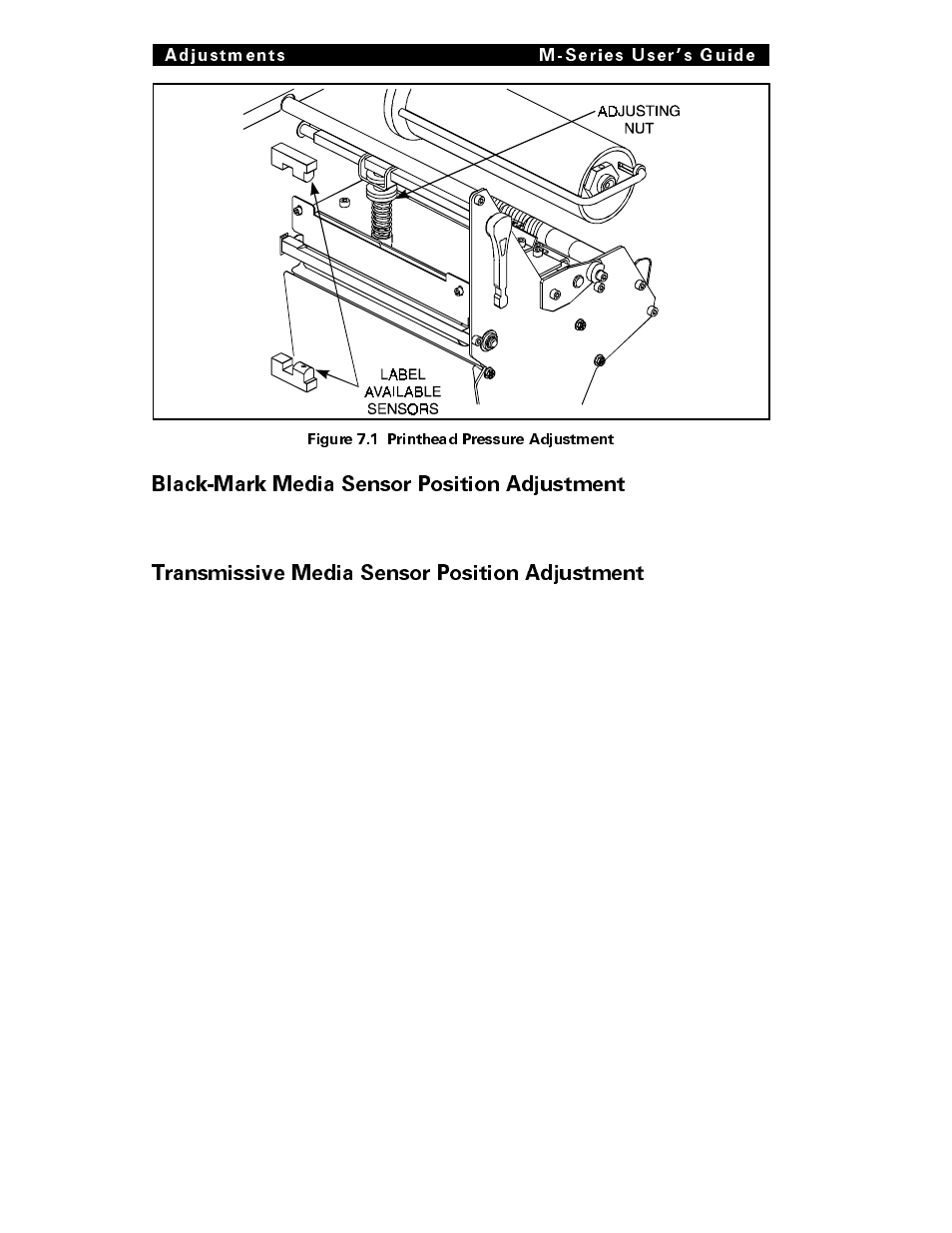 Black-mark media sensor position adjustment, Transmissive media sensor position adjustment | Brady 200M User Manual | Page 63 / 104