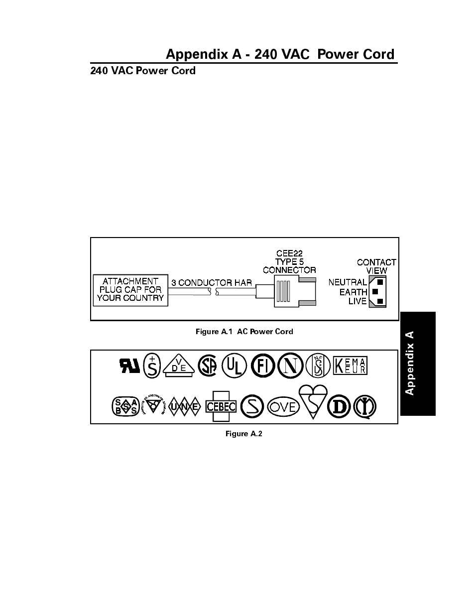 240 vac power cord, Appendix a - 240 vac power cord | Brady 200M User Manual | Page 78 / 104