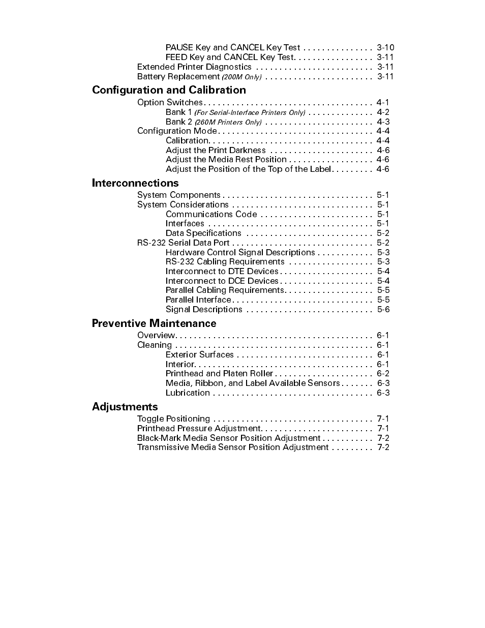 Configuration and calibration, Interconnections, Preventive maintenance | Adjustments | Brady 200M User Manual | Page 8 / 104